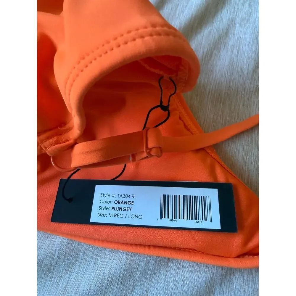 ta3 hi cut plungey one piece swim in orange, women size medium regular / long
